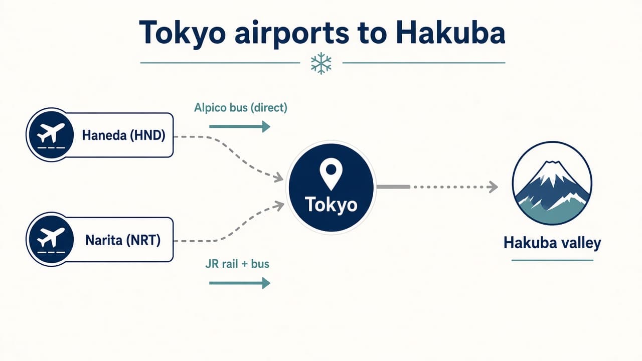 Diagram: Haneda and Narita routes to Hakuba valley via Alpico bus or JR rail and bus